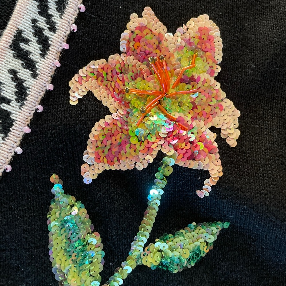 Storybook Knits Women's Black Cardigan Sequins Garden Lilies sweater - Picture 4 of 6